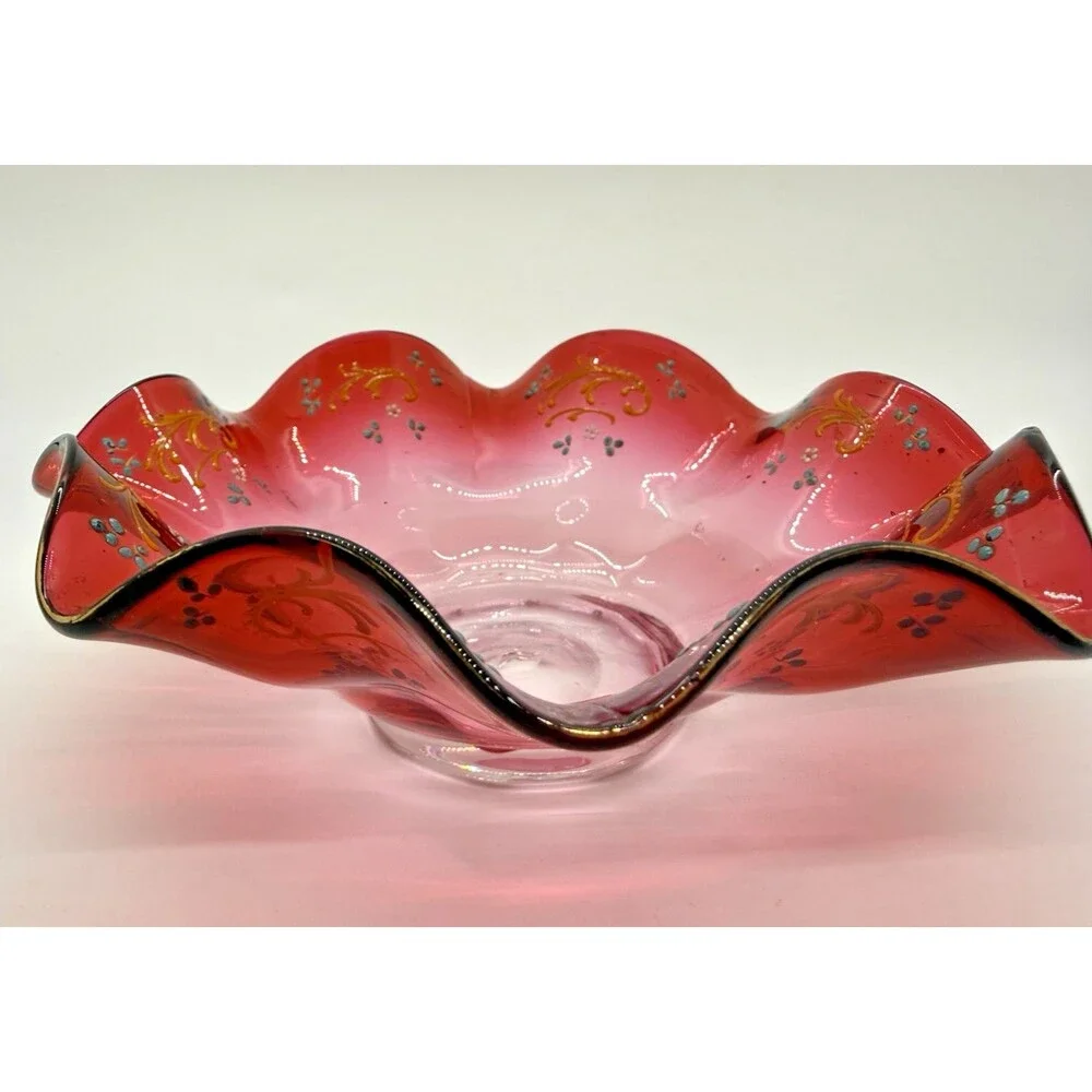 Vintage Murano Style Red Art Glass Bowl Hand Painted Gold Ruffled Rim Rare - Picture 3 of 11